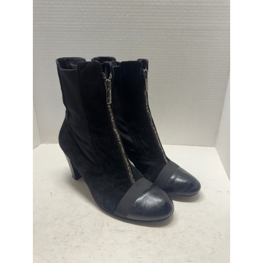 Thierry Rabotin Black Suede Front Zip Cap Toe Ankle Boots Italy 38 7.5
